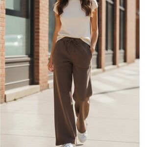 Zenana Brown Wide Leg Lounge Pants 100% Cotton Raw Hem Boho Minimalist S